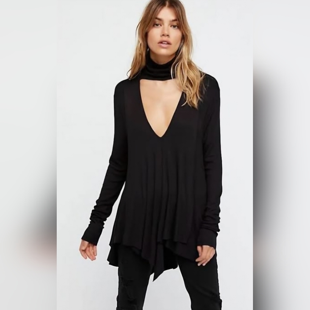 Free People Black Deep V-Neck Turtle Neck Tunic